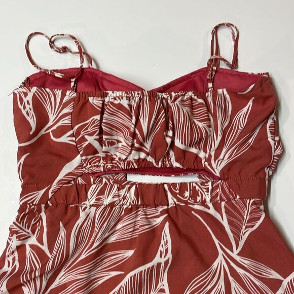 Favlux Women’s Rust Red White Tropical Leaf Print Tie Front Mini Dress Sz S - Picture 4 of 8
